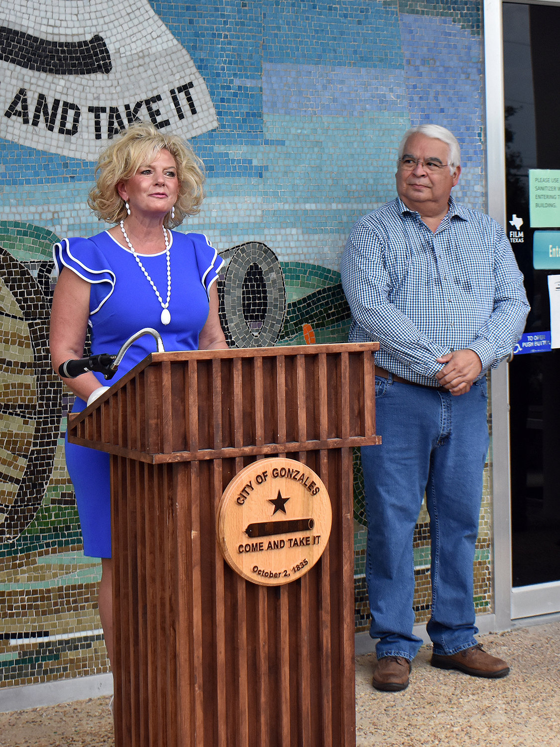 Gonzales Mayor Connie Kacir and Gonzales EDC President Andy Rodriguez announce the first COVID-19 Business Grants Monday.